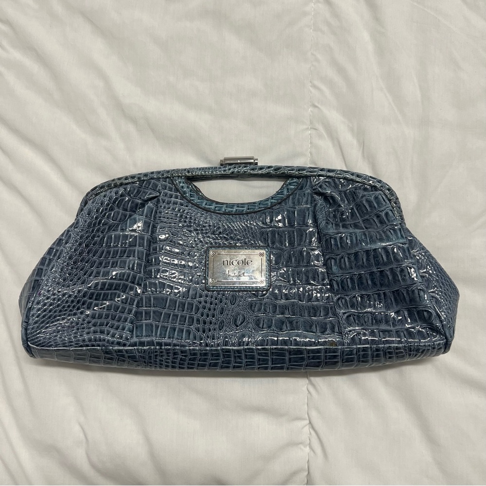 Nicole Lee Shiny Blue Crocodile Pattern Clutch